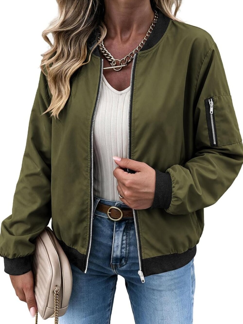 Chic Women's Bomber Jacket | Casual Spring/Fall Coat with Pockets